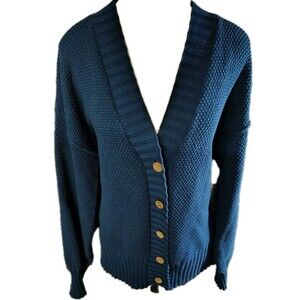 Caracilia Women's Sweater V Neck Size L Button Blue 100% Rayon Knit Long Sleeve
